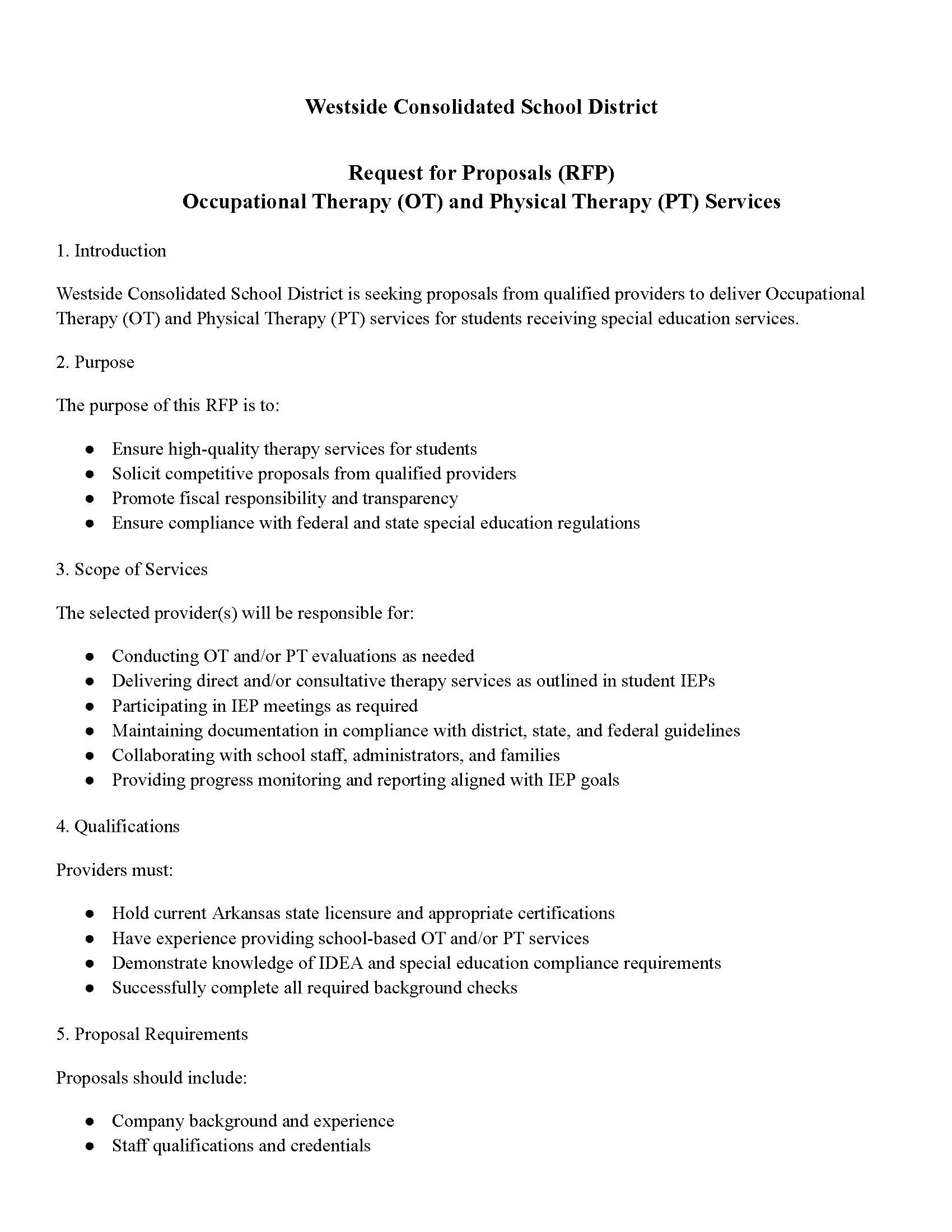 RFP FOR OT AND PT SERVICES