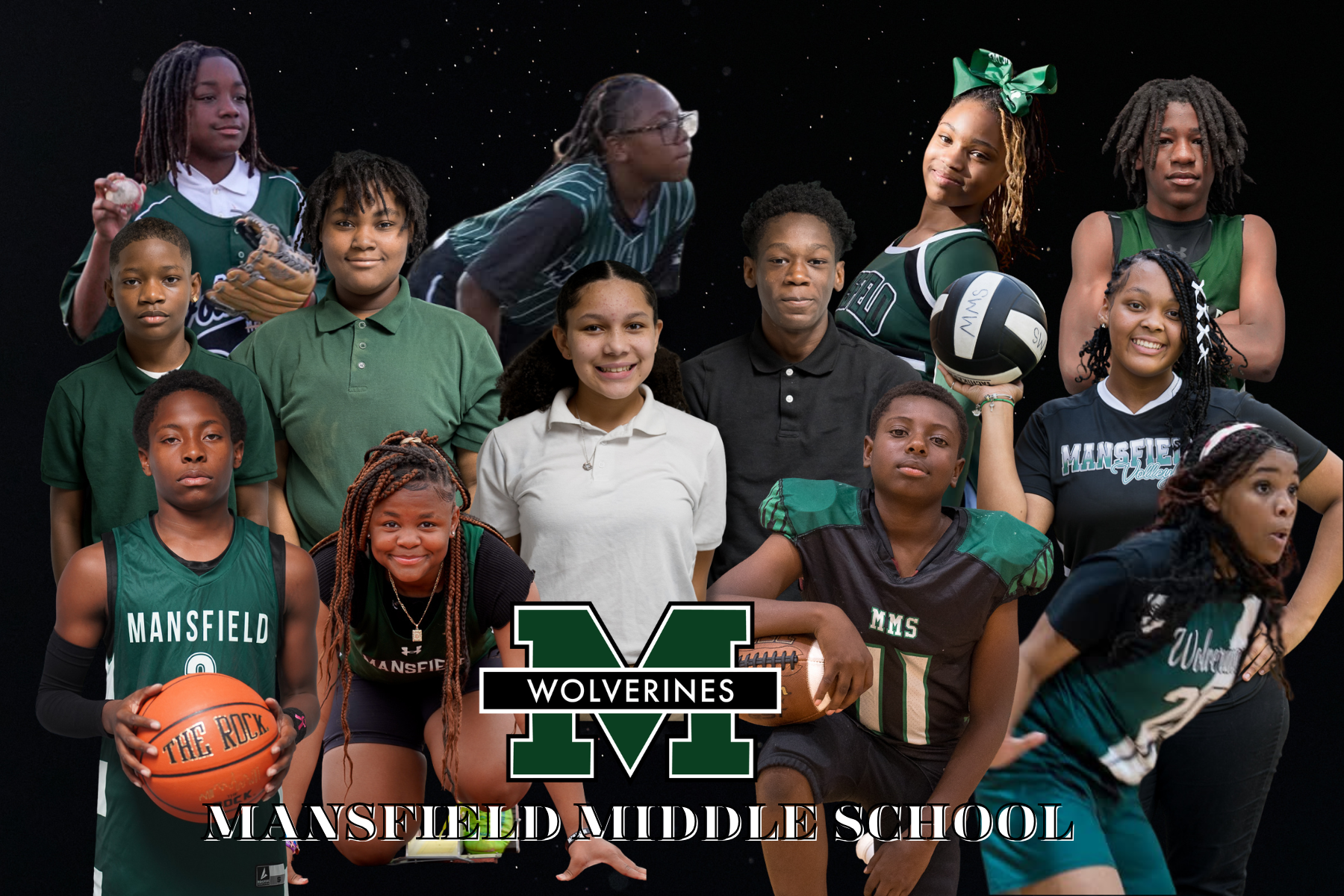 A group of young athletes in various sports gear, including basketball and volleyball, stand together for a school team photo.