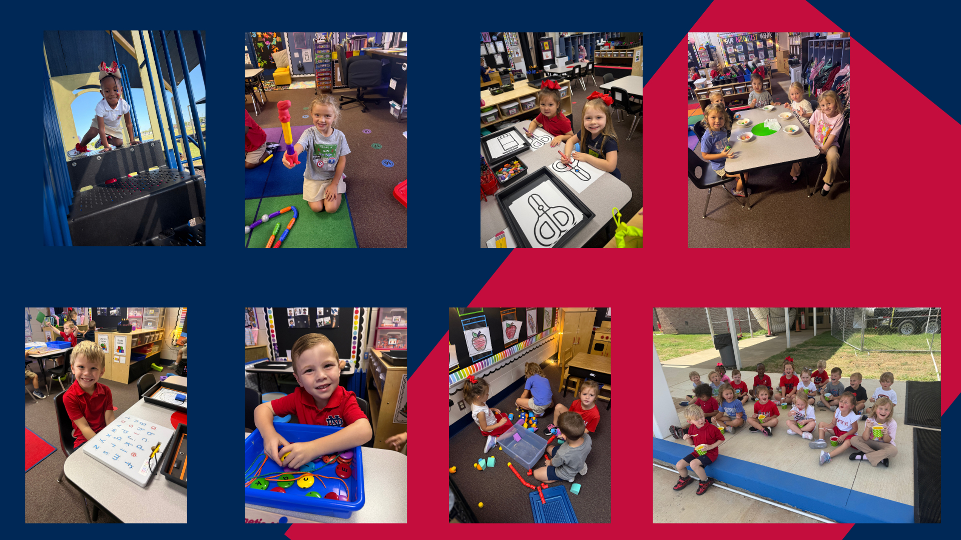 Nine pictures of children in a classroom. Scenes include children playing, reading, and sitting.