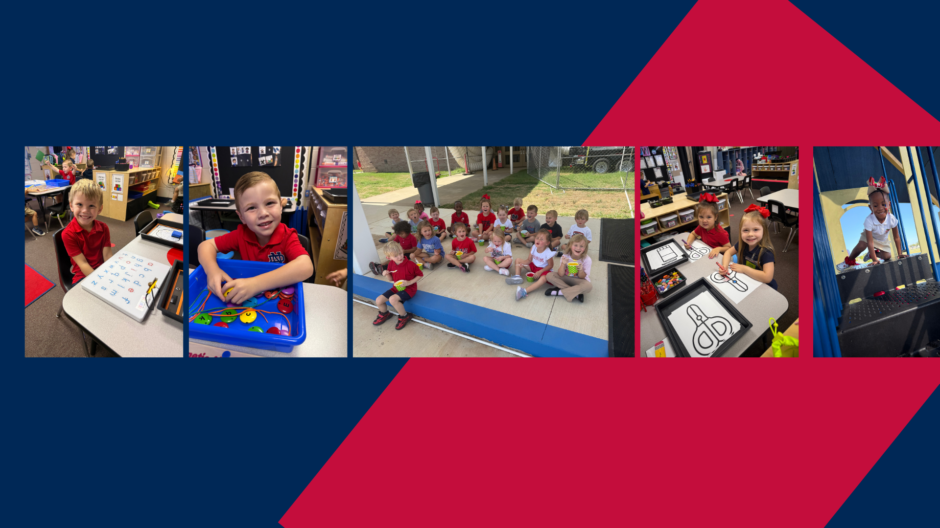 Collage of four images showing children in a classroom setting; one image shows children playing with toys.
