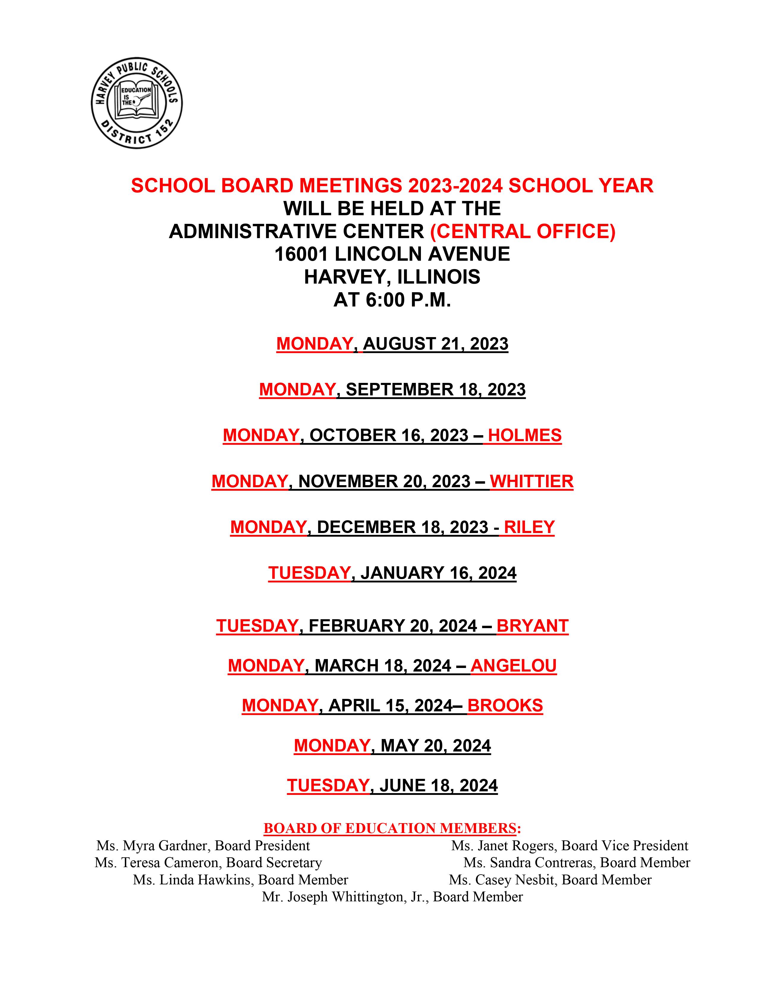 School Board Meetings 2023-2024