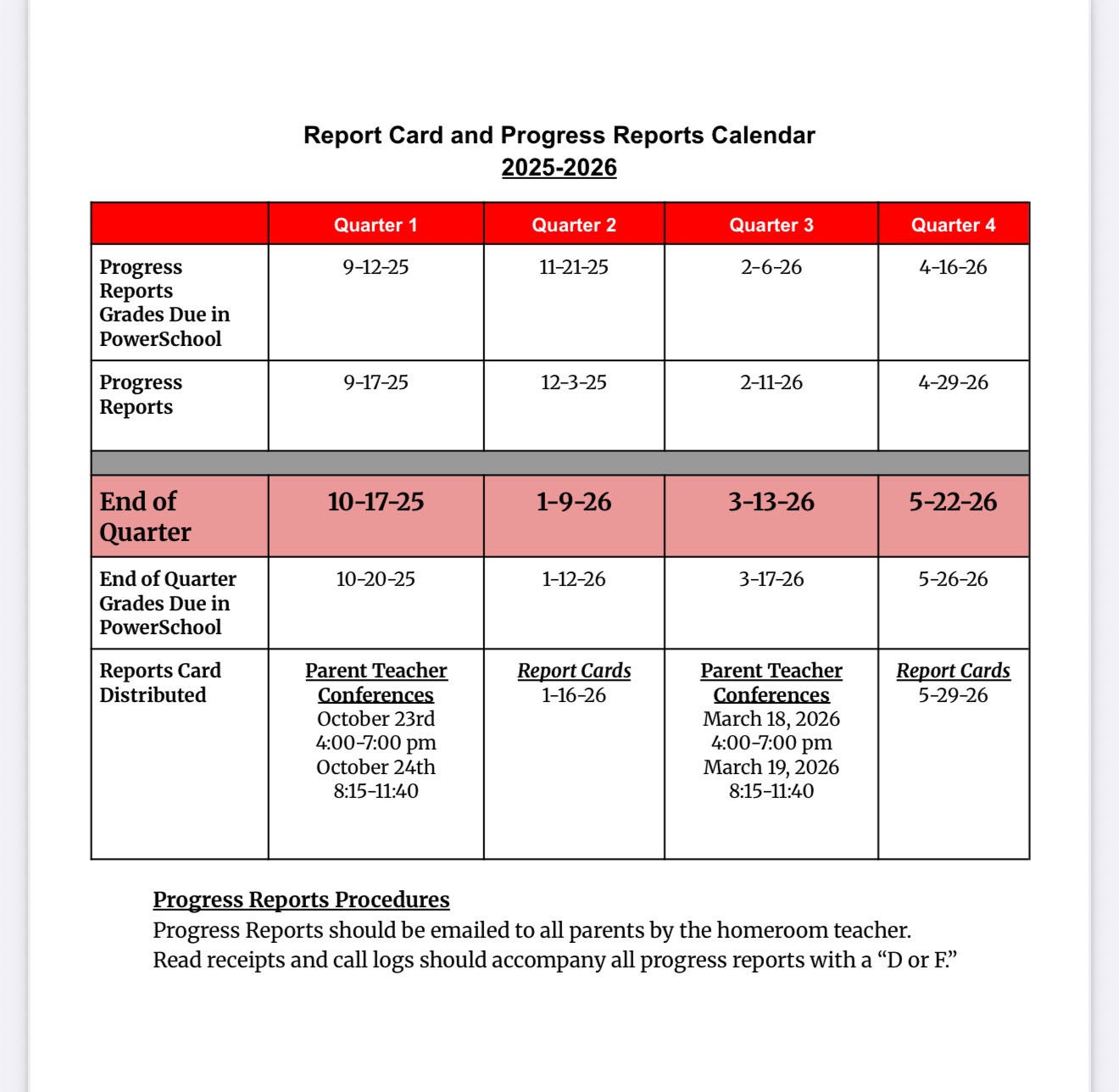 Report card schedule