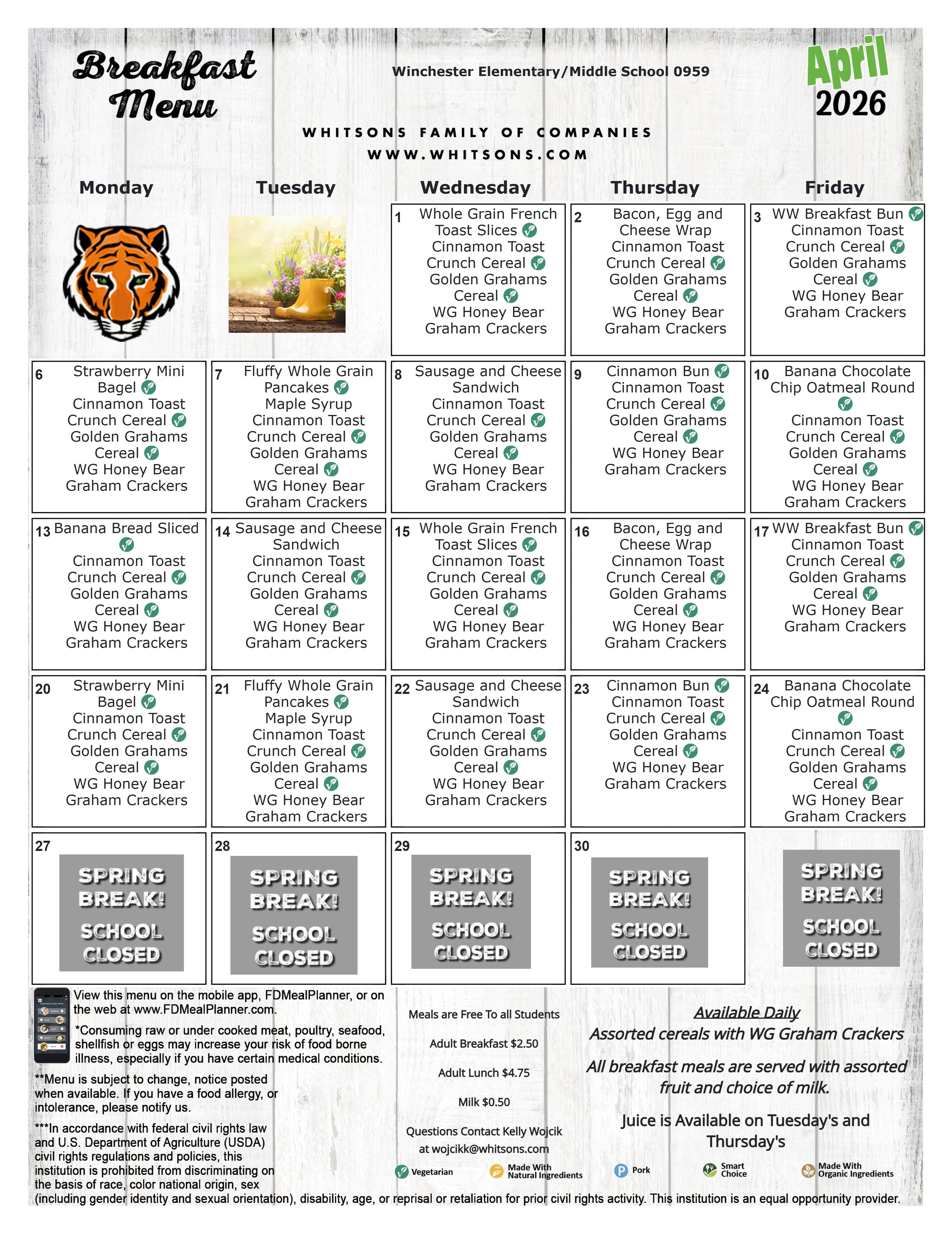 April 2026 Meal Menu