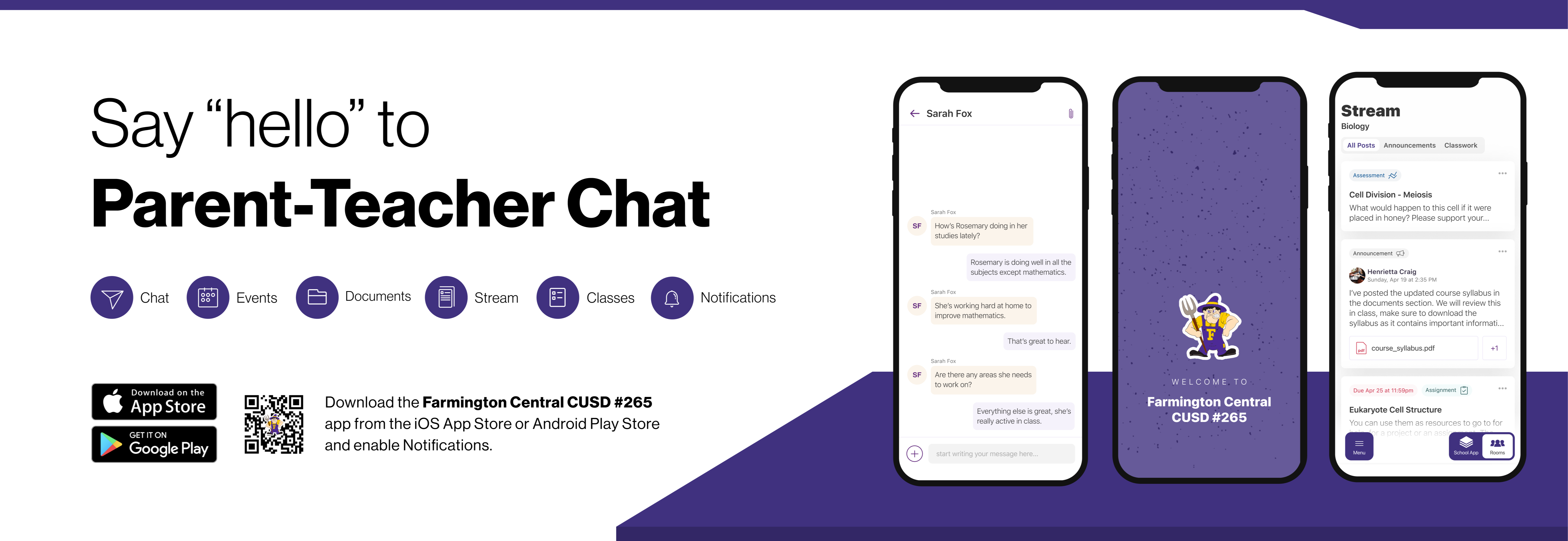 This is an image of a creative design for a flyer, showcasing what appears to be a "Hello Teacher Chat" interface. The background is purple with the chat layout displayed in white and light grey. There are icons representing phones or devices, suggesting the means of communication within this virtual classroom environment. The chat interface includes text fields and circular icons resembling avatars, indicating user interaction points for messaging. This flyer is likely used to promote an online platform or event targeted at teachers.