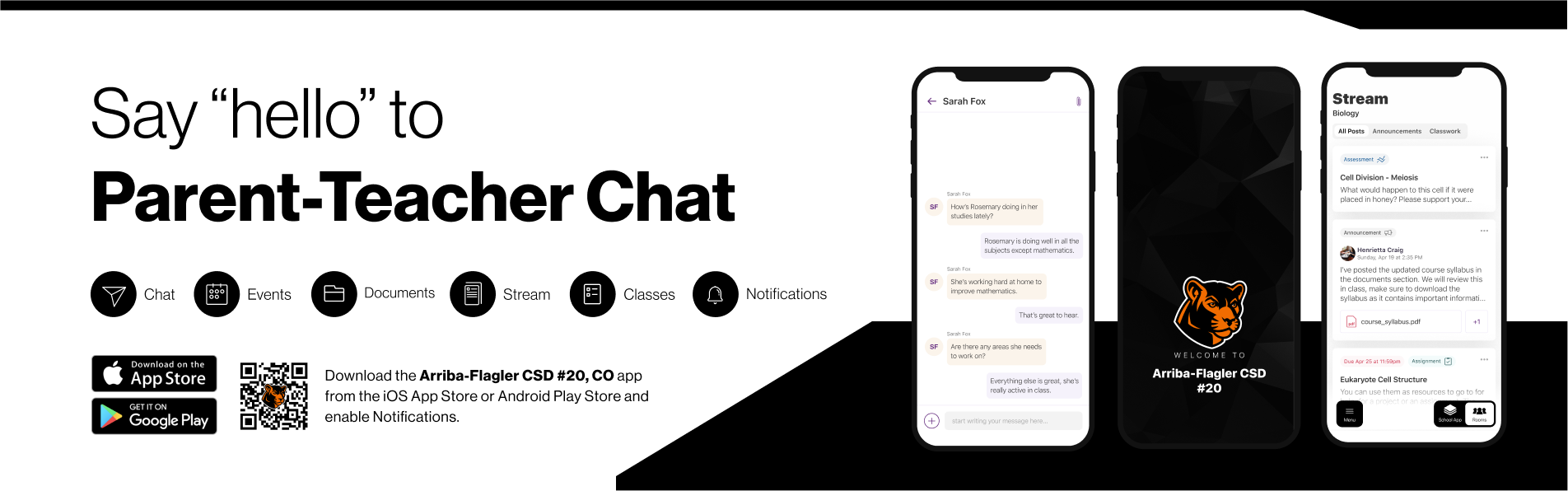 Say hello to Parent-Teacher chat in the new Rooms app. Download the  Arriba-Flagler CSD #20 app in the Google Play or Apple App store.