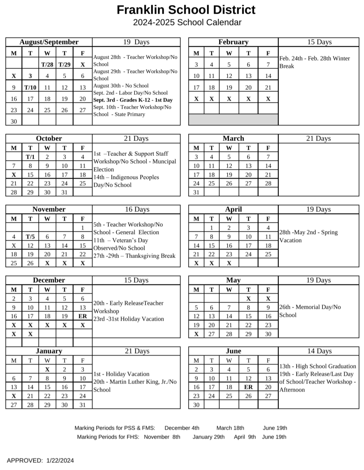 SAU18 School Days Calendar