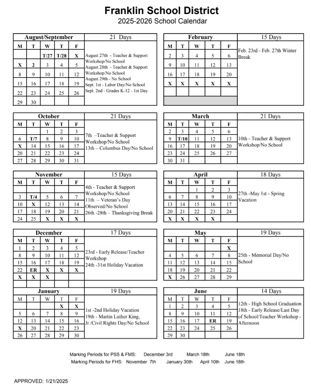 2025/2026 School Days Calendar