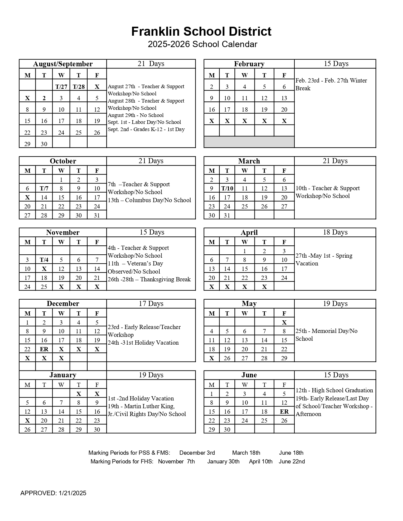 Calendar for the Franklin School District for 2023-2026. It contains twelve months, from January to December.