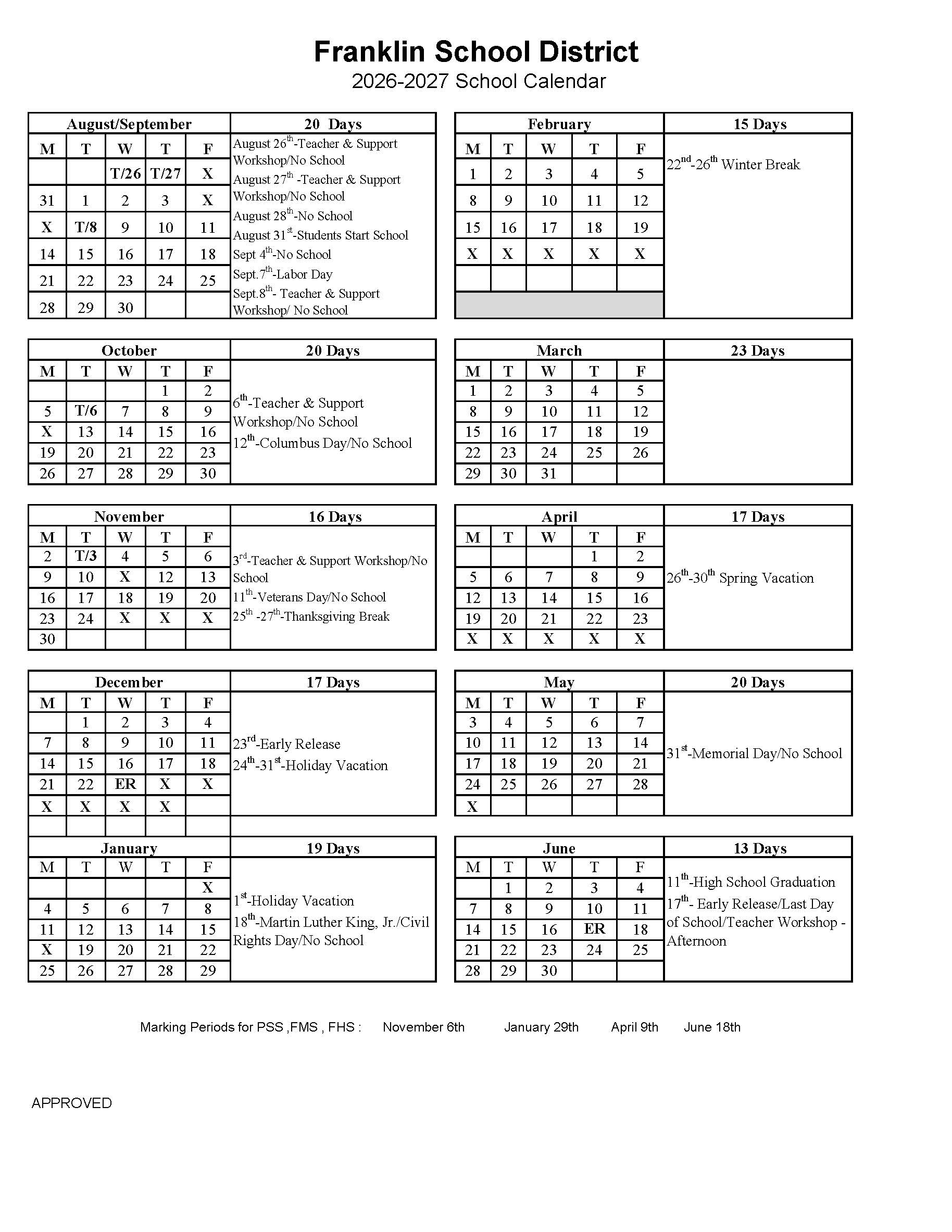 Calendar for the Franklin School District for 2023-2026. It contains twelve months, from January to December.