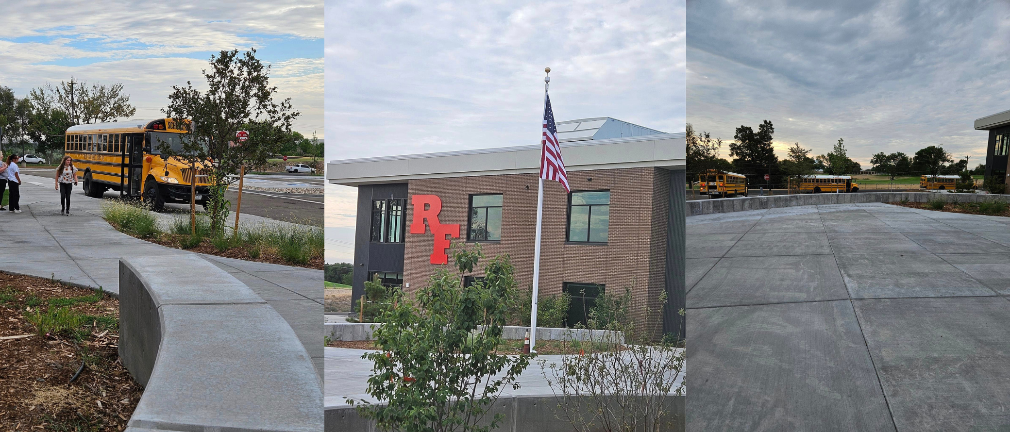 collage of busses arriving to the new campus