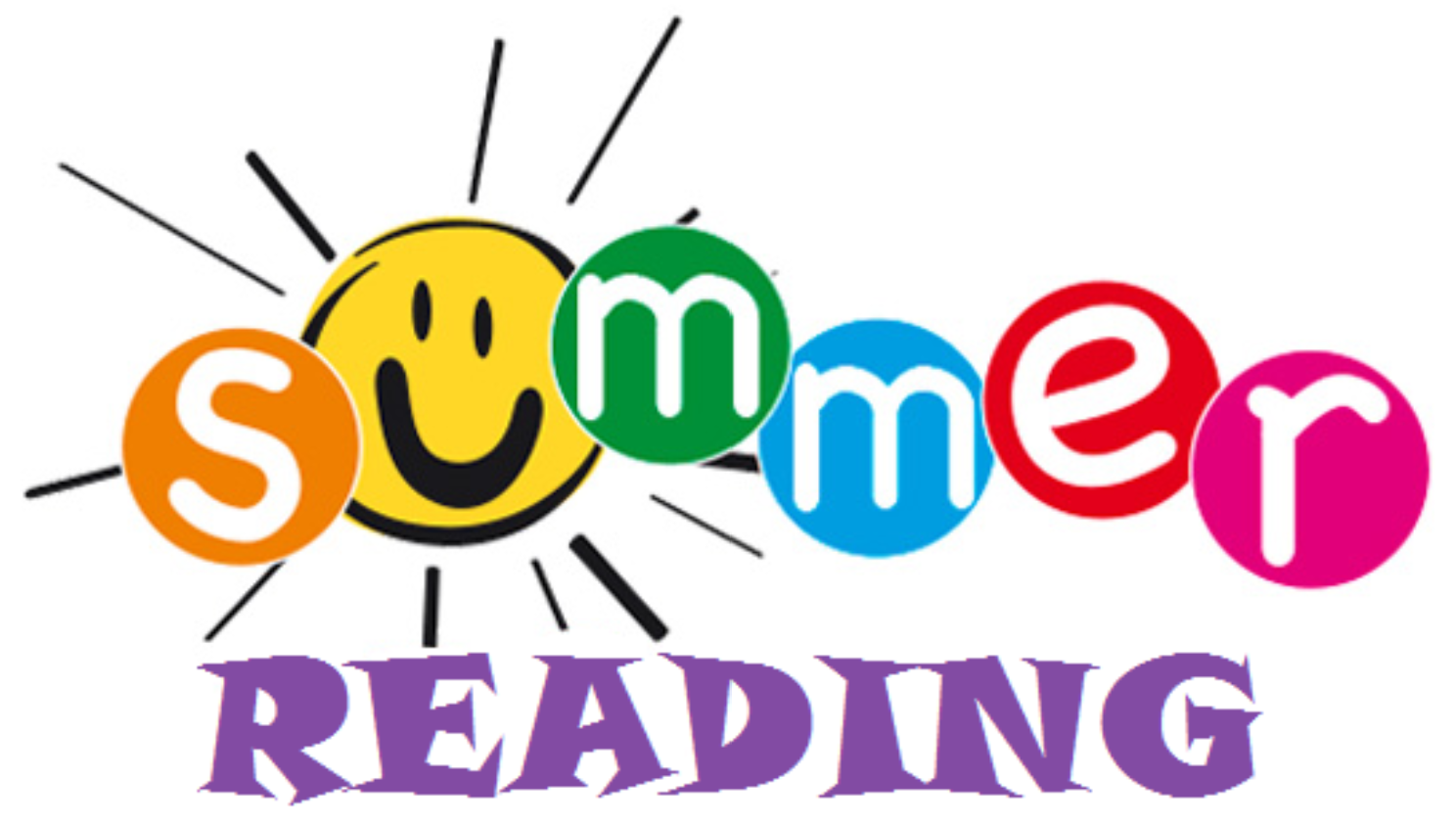 text in colorful circles with a smily face includes text summer reading