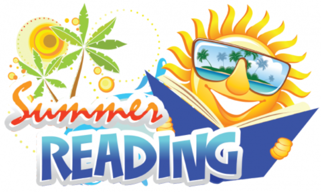 summer reading on a white background with images of a sun with sunglasses reading a book next to a green palm tree