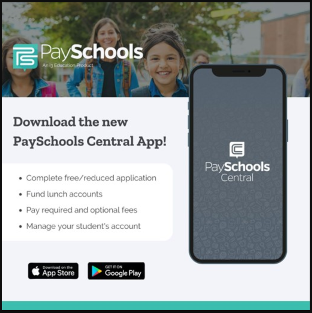 image of payschools central media platforms on white and mixed color background contains text