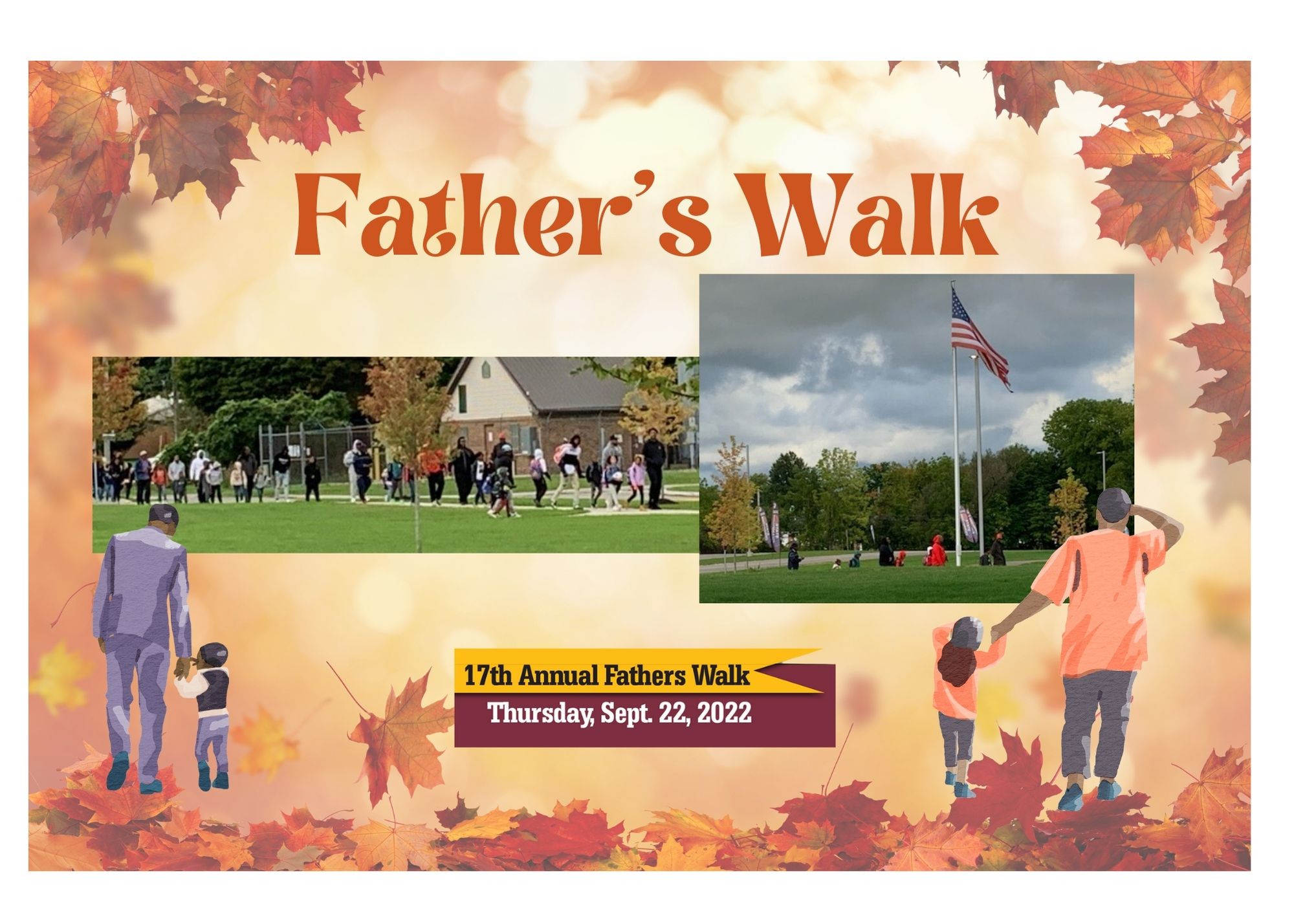Fall leaves background with photos of the Father's Day walk  with 2 images of a dad and child walking