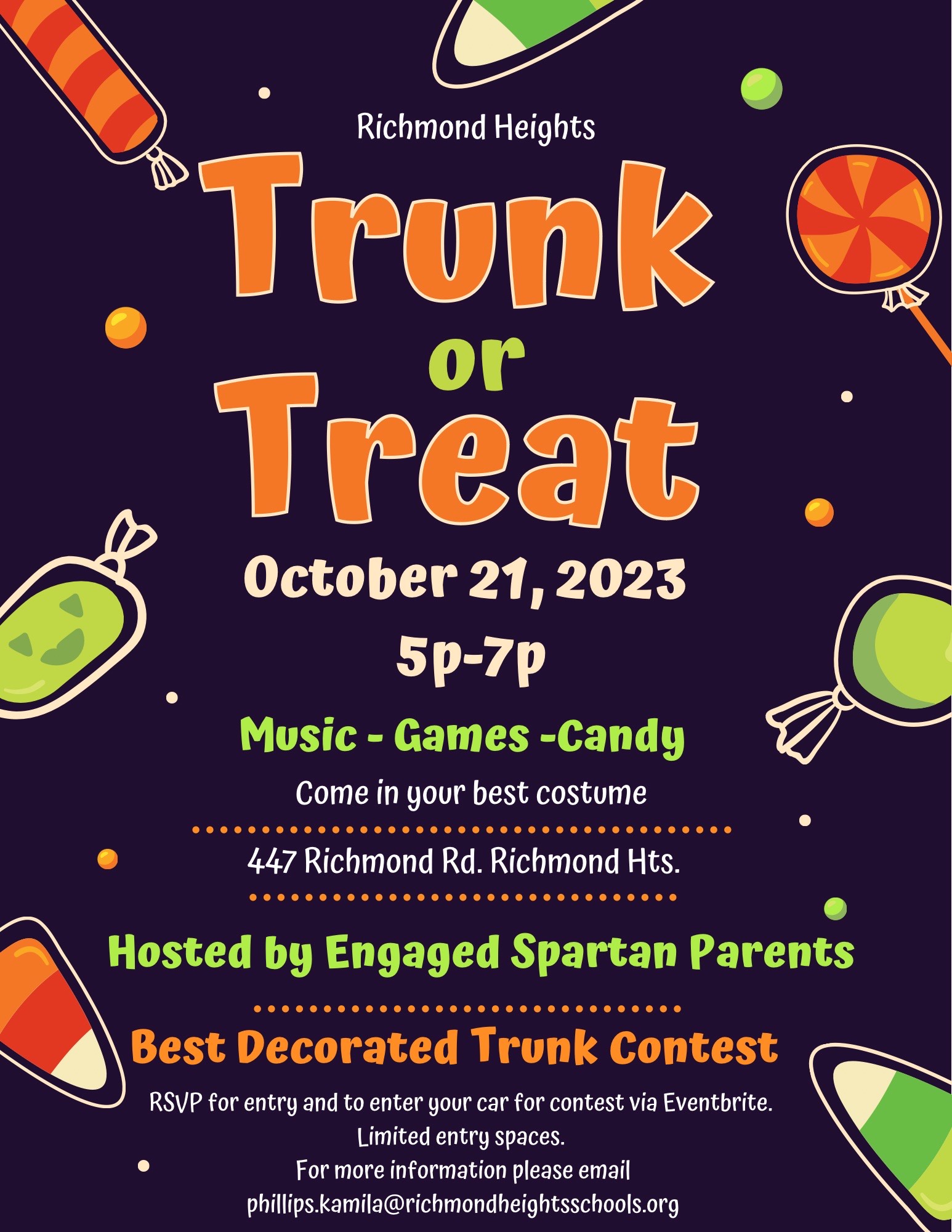 image of Trunk  or Treat flyer includs graphics of Halloween candies in dark blue background includes text