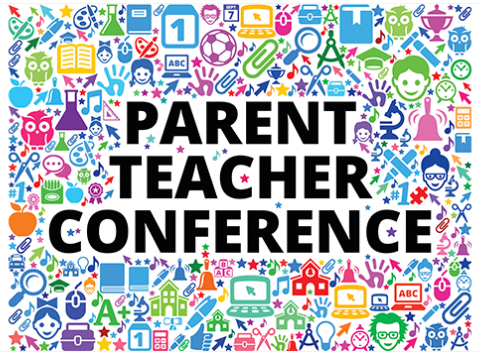 image of a colorful collage of parent teacher conferences includes text