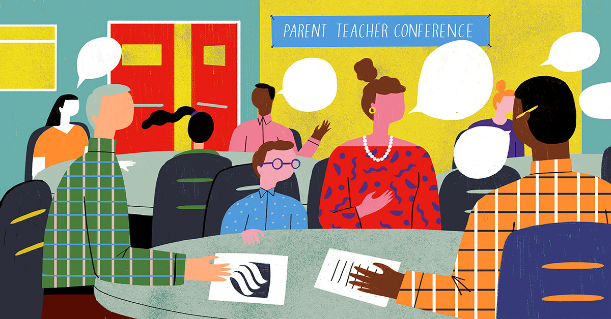image of graphic parents and teachers sitting and standing includes text