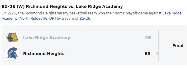 Richmond heights boys basketball against Lake Ridge Academy. Richmond hts won 85-26