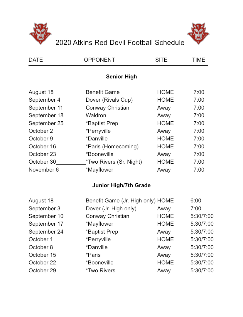 2020-2021 Atkins Red Devil Football Schedule