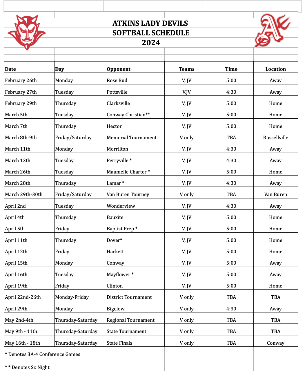 2024 Softball Schedule