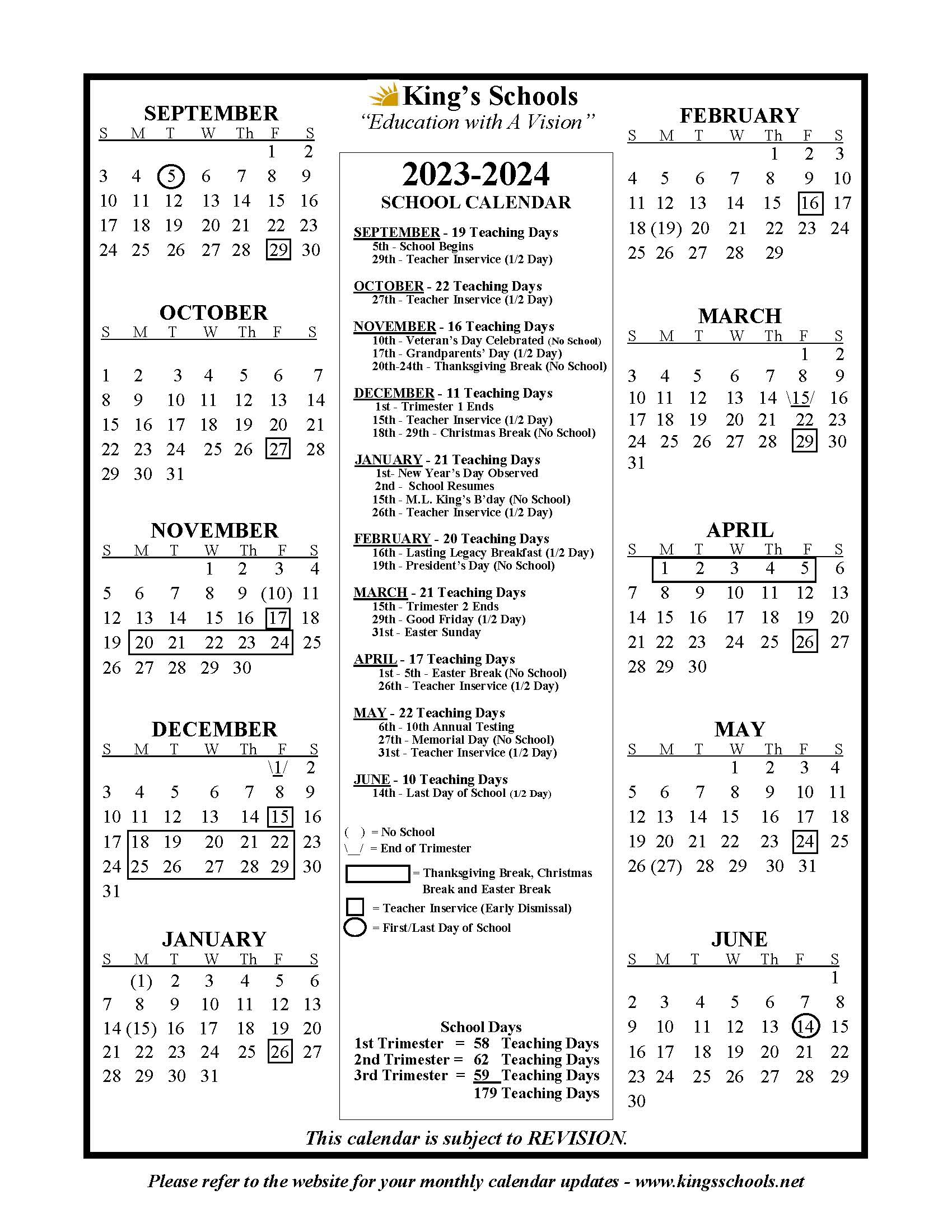 Yearly Calendar King's Schools