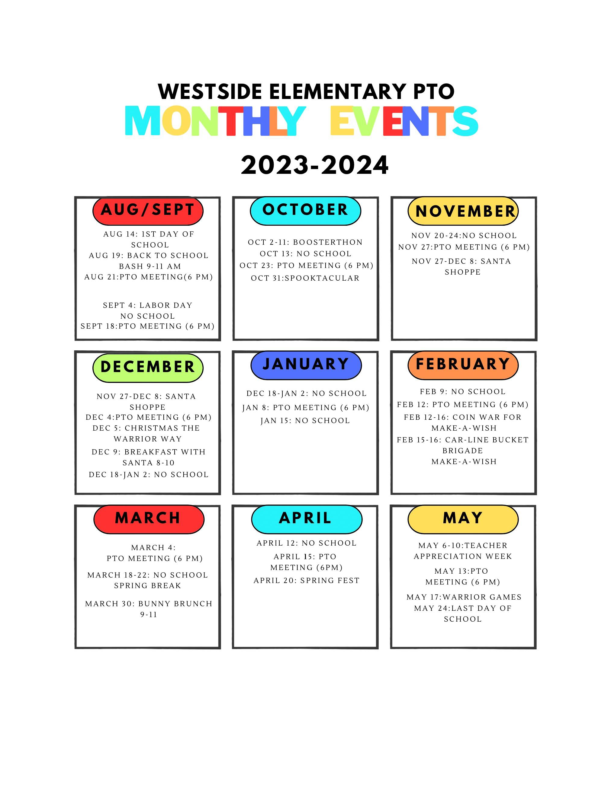 WES PTO Events Calendar for 2023-2024
