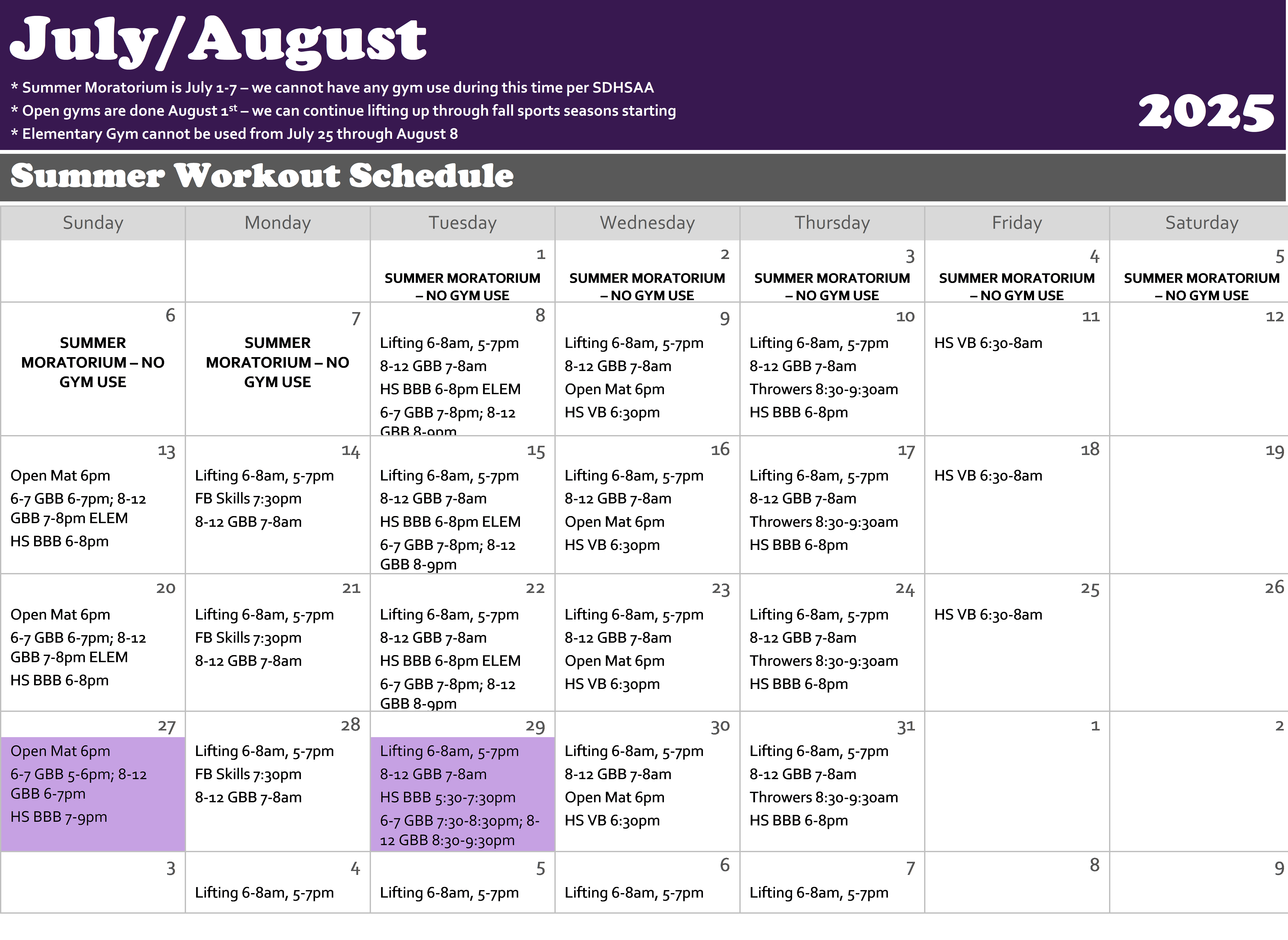 July/August Calendar