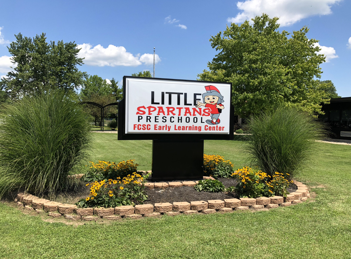 Little Spartan Preschool sign at the front of the building. 