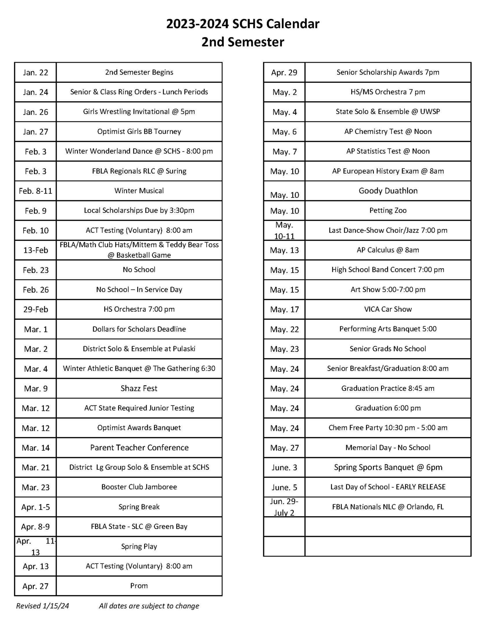 High School Semester Calendars Shawano Community High School