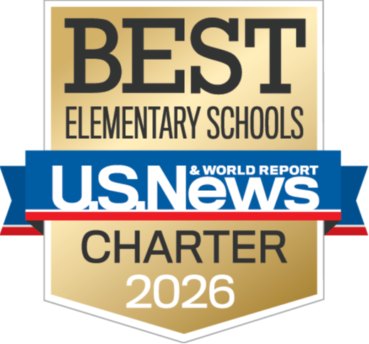 A U.S. News & World Report badge for "Best Elementary Schools Charter 2026" featuring a gold shield design with a blue ribbon running through the center.