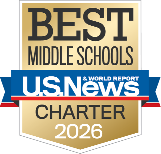 A U.S. News & World Report badge for "Best Middle Schools Charter 2026" featuring a gold shield design with a blue ribbon running through the center.