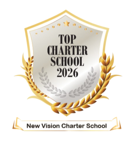 A silver and gold shield award badge for "Top Charter School 2026," wrapped in gold laurel leaves, with a banner below that reads "New Vision Charter School."
