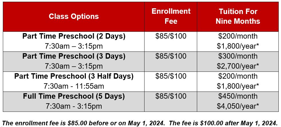 Preschool Price Chart