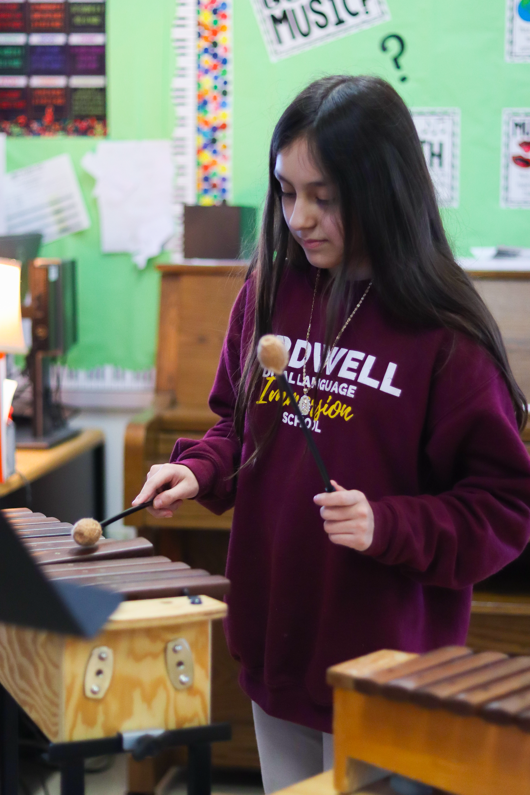 birdwell student playing instrument in percussion class