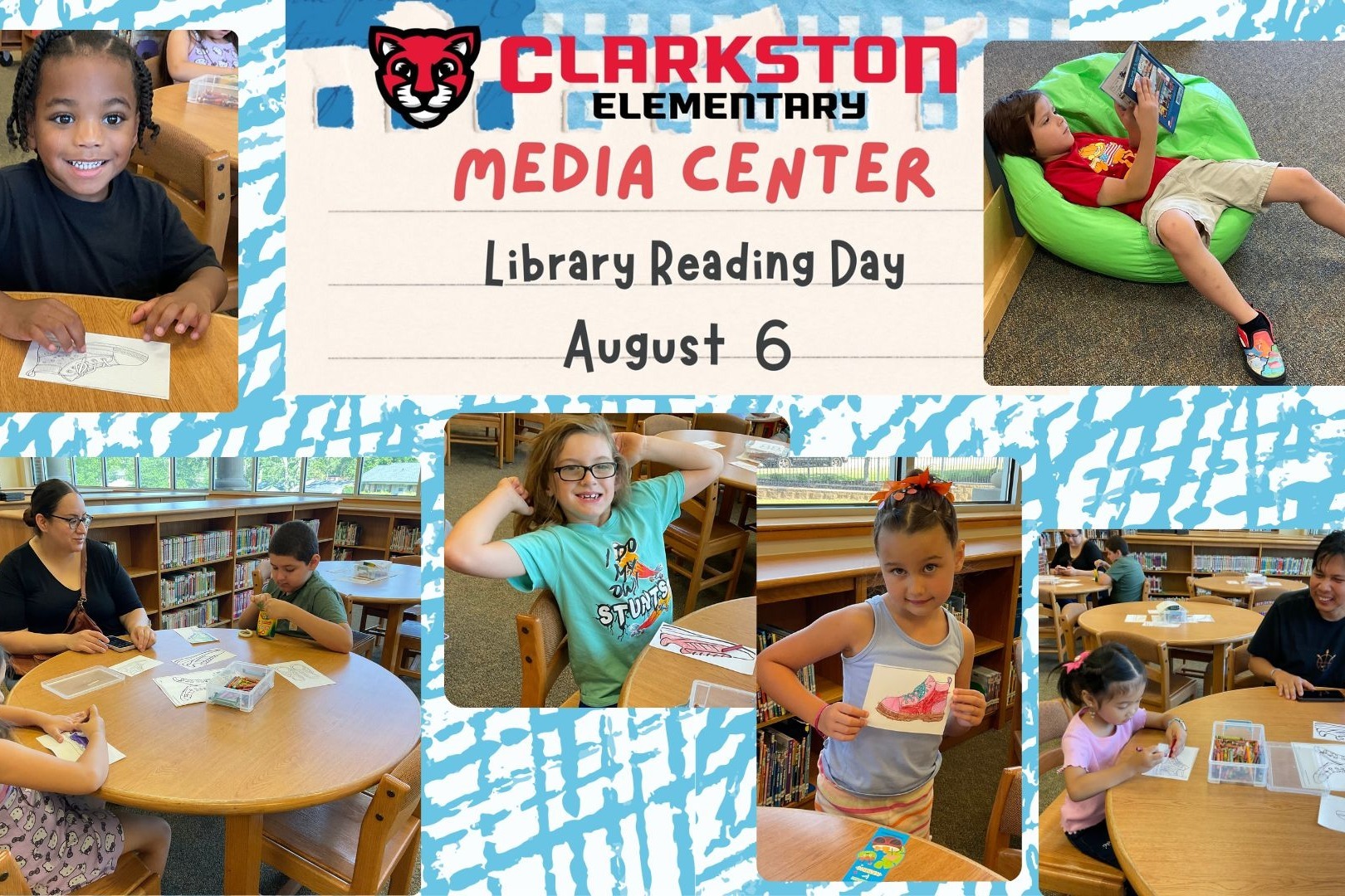 Four images of children at Clarkson Elementary, reading, sitting, and engaging with books, set against a blue background.