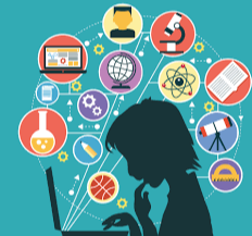 illustration of student looking at computer with different icons of science-related information positioned around them including a microscope, globe, telescope, and basketball