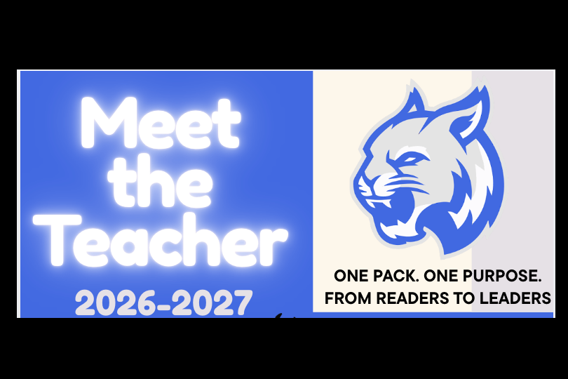A blue and white banner with a lion logo, "Meet the Teacher 2026-2027" and "One pack, one purpose from readers to leaders."