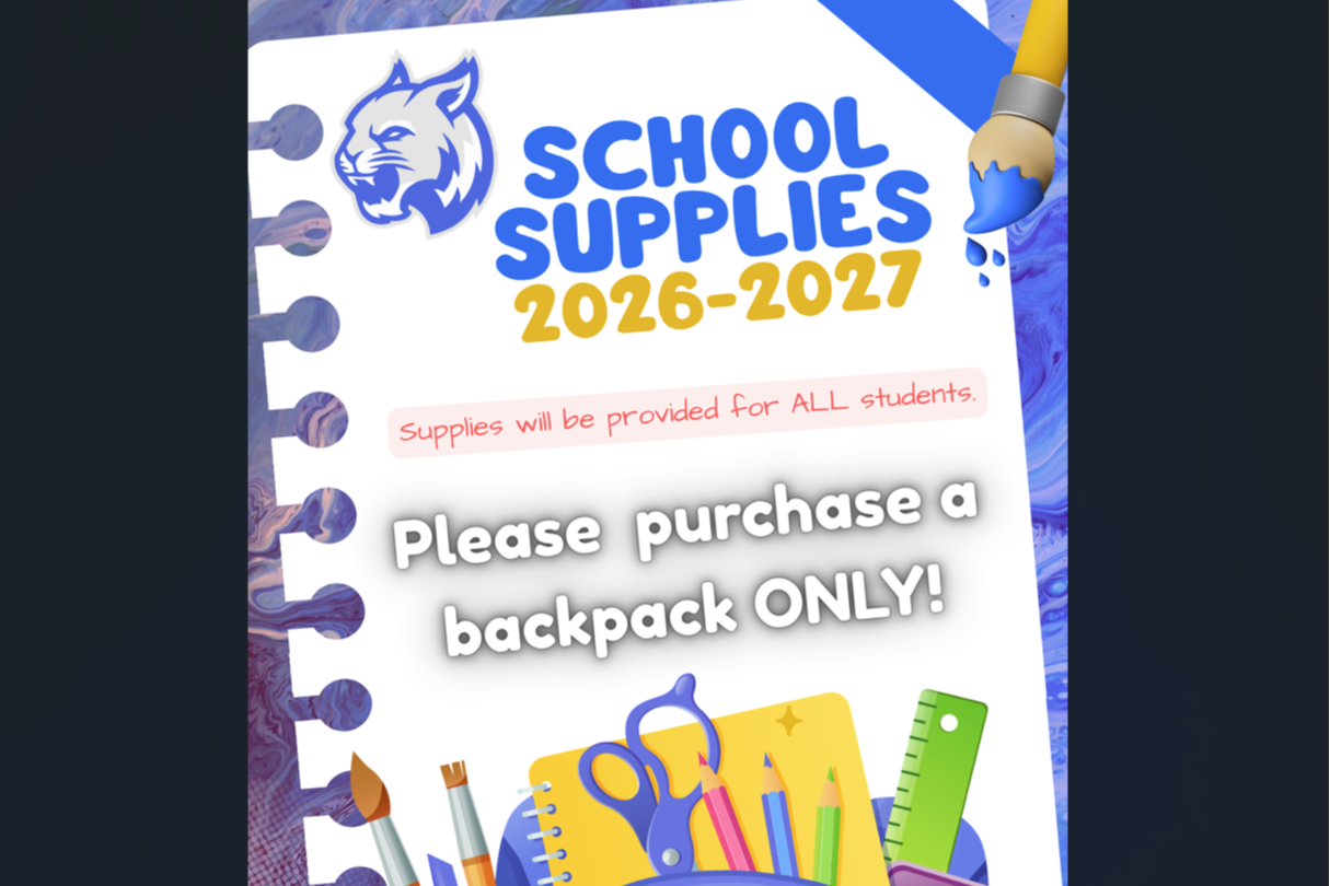 Notice about school supplies for the 2026-2027 school year. Features a backpack, pencils, and other school items.