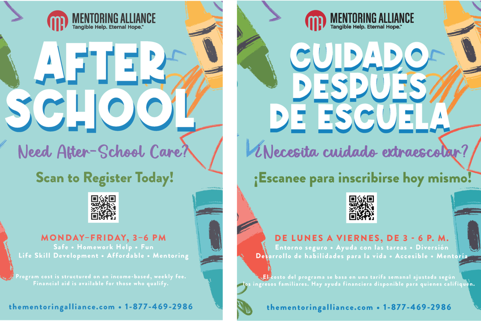 Two posters with blue backgrounds. One reads "AFTER SCHOOL" and the other reads "CUIDADO DESPUES DE ESCUELA". Both have a crayon drawing and QR codes.