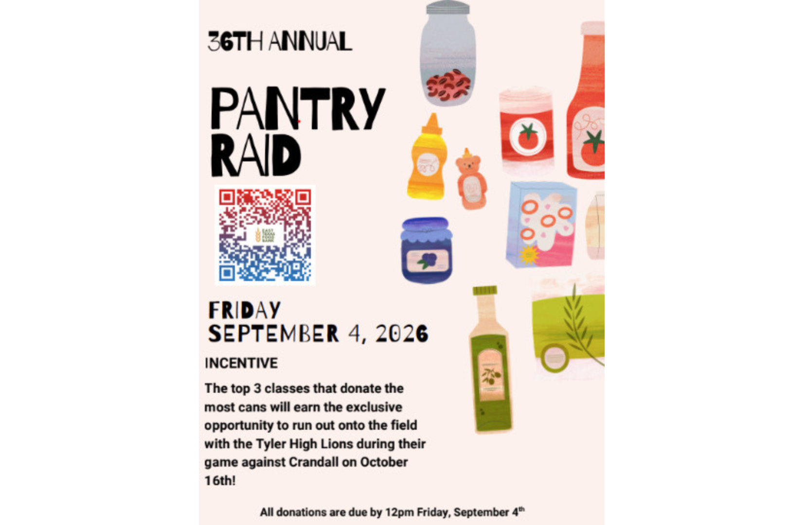 An image featuring a poster for the "Pantry Raid" event, dated Friday, September 4, 2020, with various kitchen items.