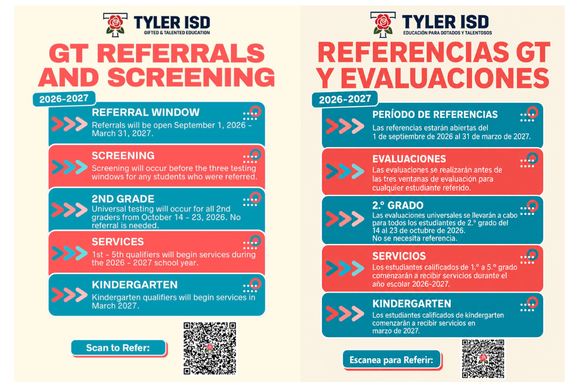Two vertical panels with red, white, and blue text. One reads "GT Referrals and Screening" and the other "Referencias GT y Evaluaciones."