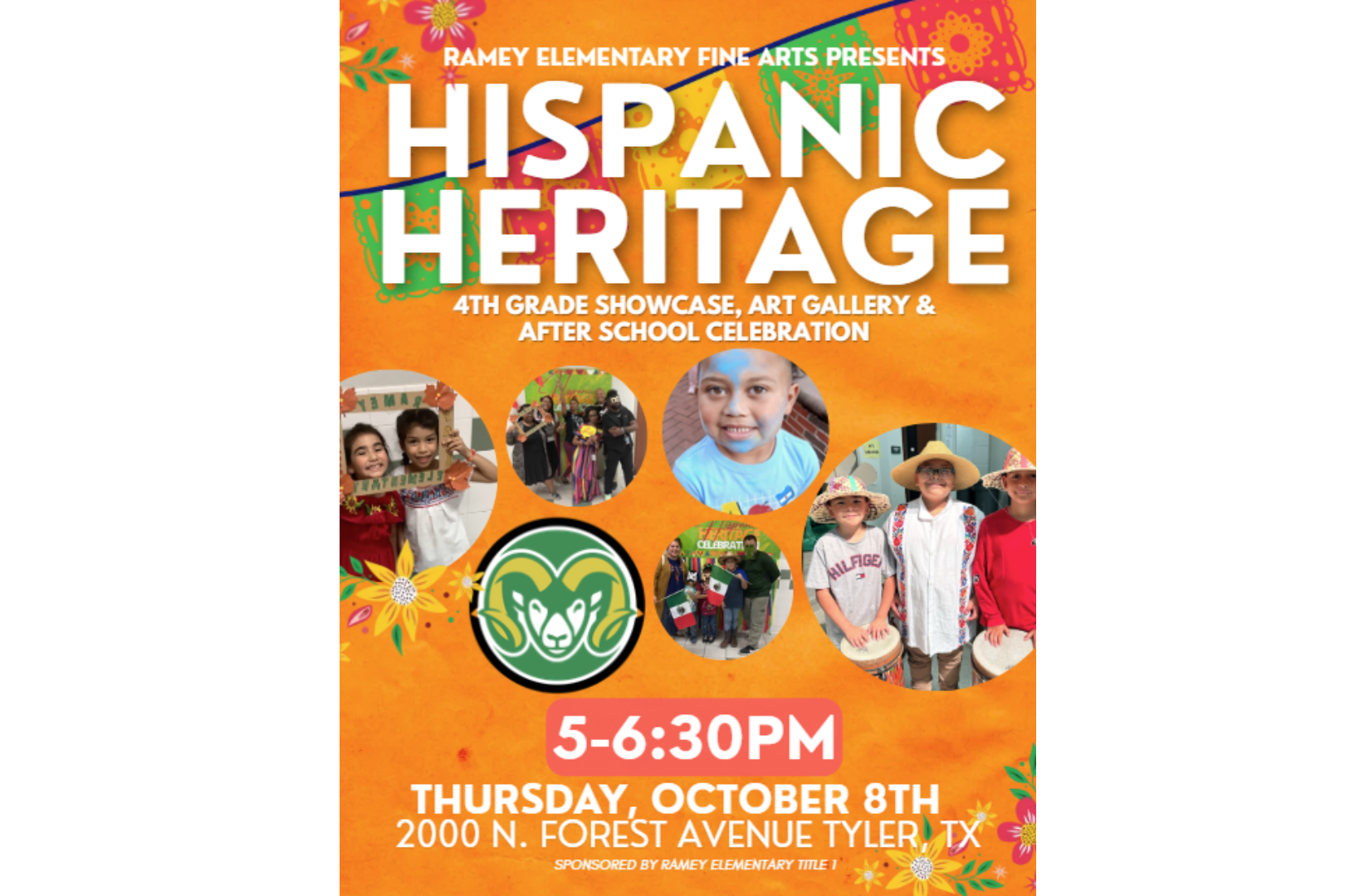 Flyer for "Hispanic Heritage" event. Shows photos of children. Time: 5-6:30 PM. Date: Thursday, October 8th.
