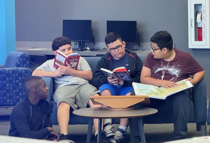 students in library