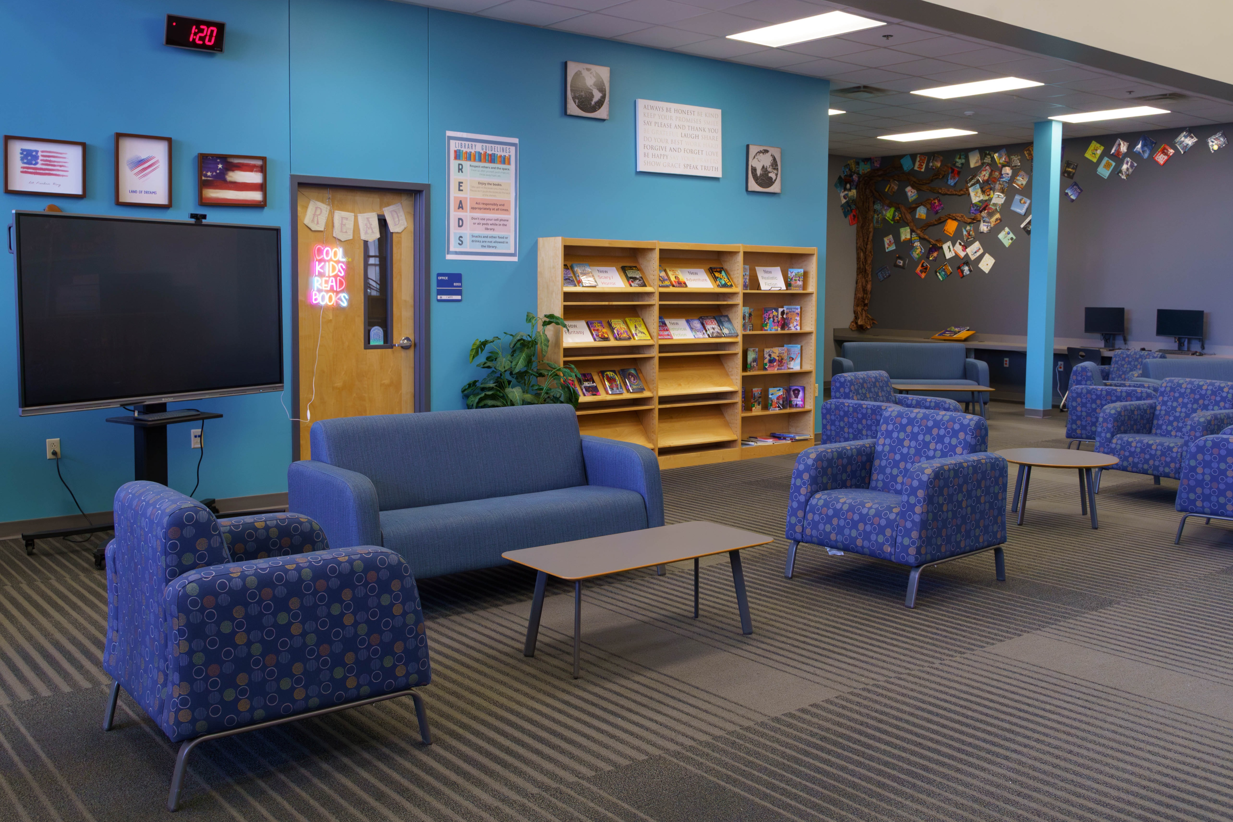 school library with chairs and bookshelves