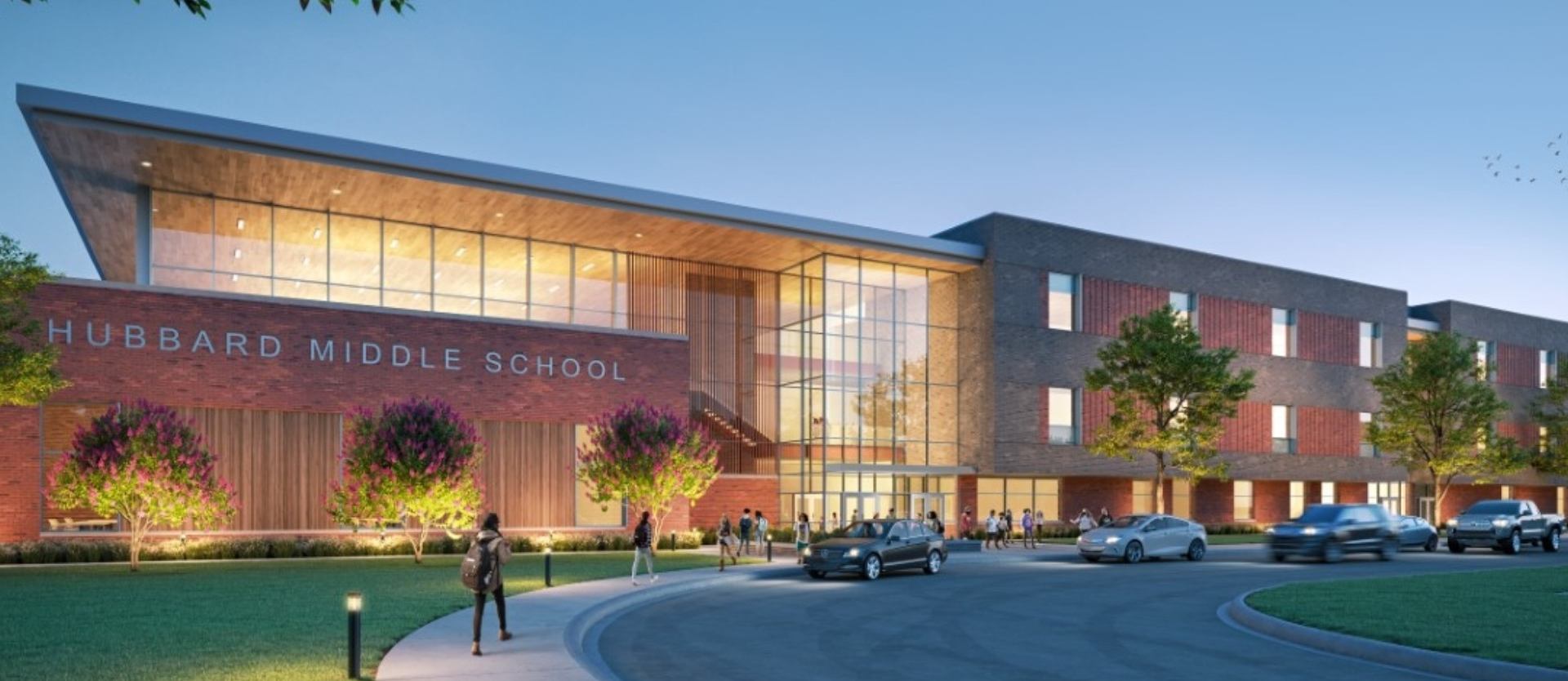 Architect rendering of 3 story middle school with students walking in front