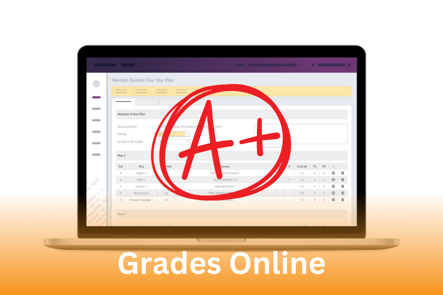 "Grades Online", open laptap with digital gradebook and "A+"