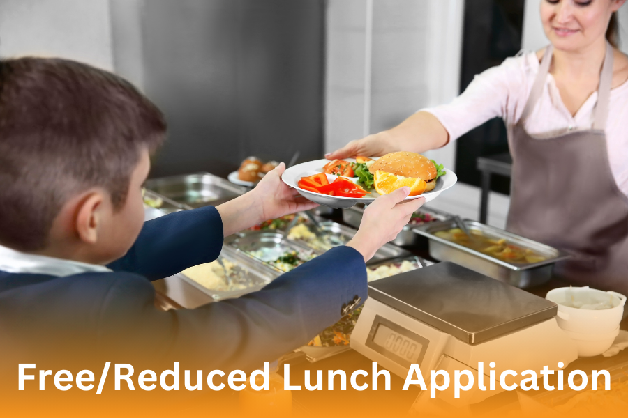 "Free/Reduced Lunch Application"; adult handing a plate of food to a student