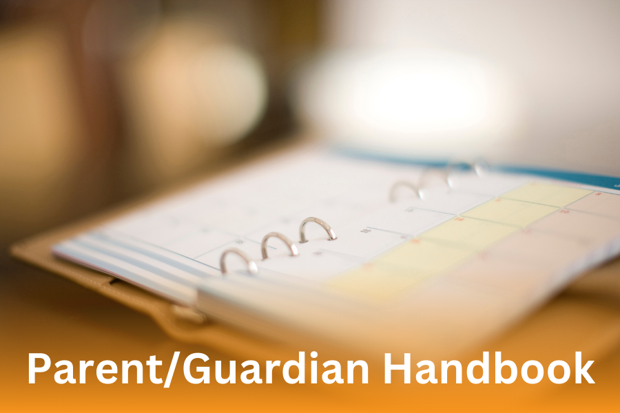 "Parent/Guardian Handbook"; open notebook on a table