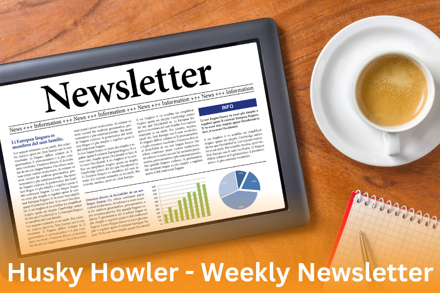 "Husky Howler - Weekly Newsletter";  igital newsletter on tablet sitting on table with coffee cup and notepad