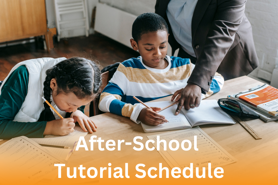 "After-School Tutorial Schedule"; teacher tutoring two students at a table